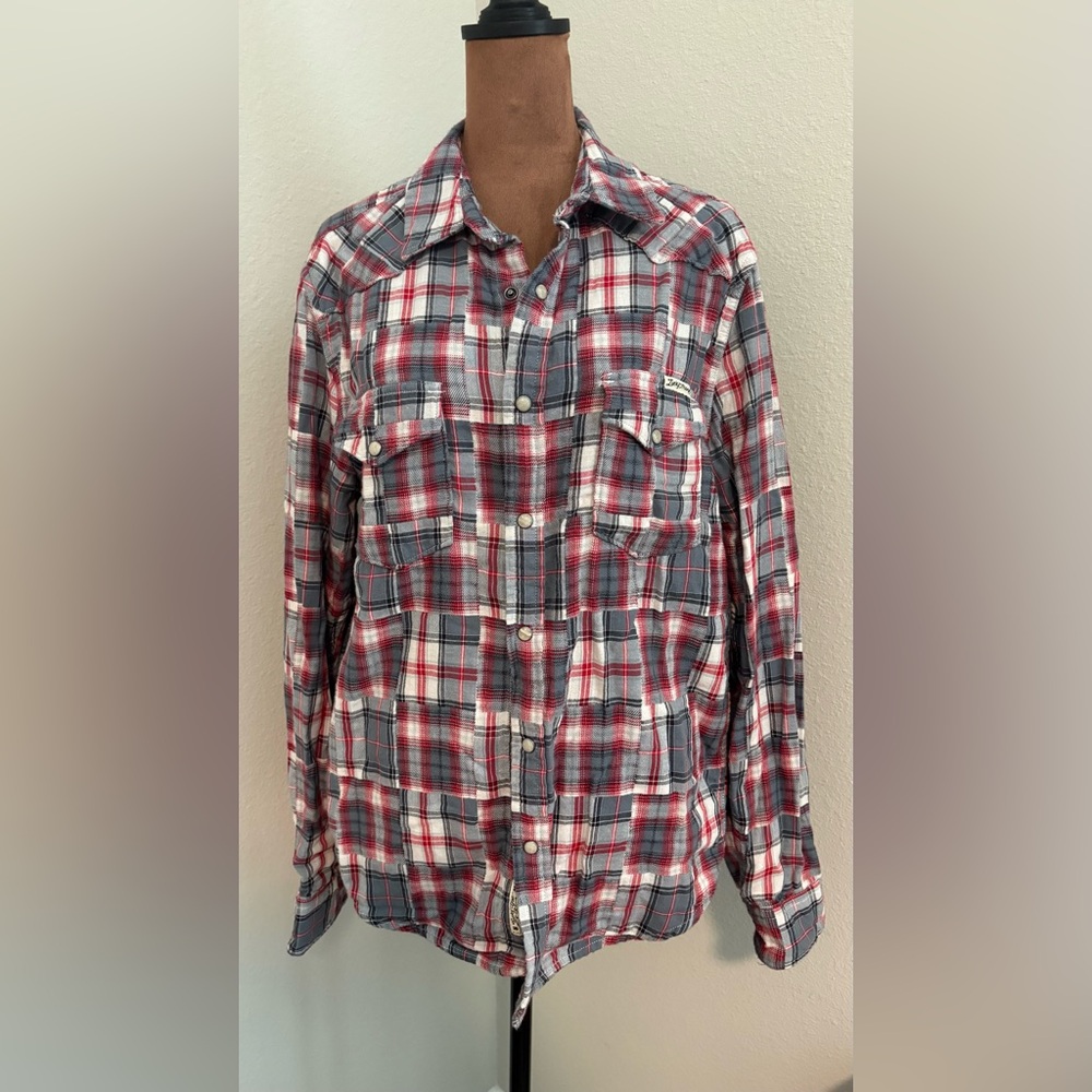 Lucky Brand Men's Red and Gray Checkered Shirt